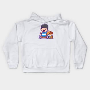 Cute Boy Eating Lollipop With Dog Eating Bone Kids Hoodie